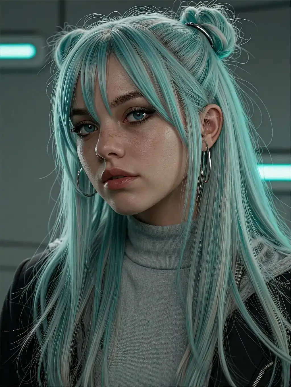 Fictional AI character in a hoodie lit by a monitor at night