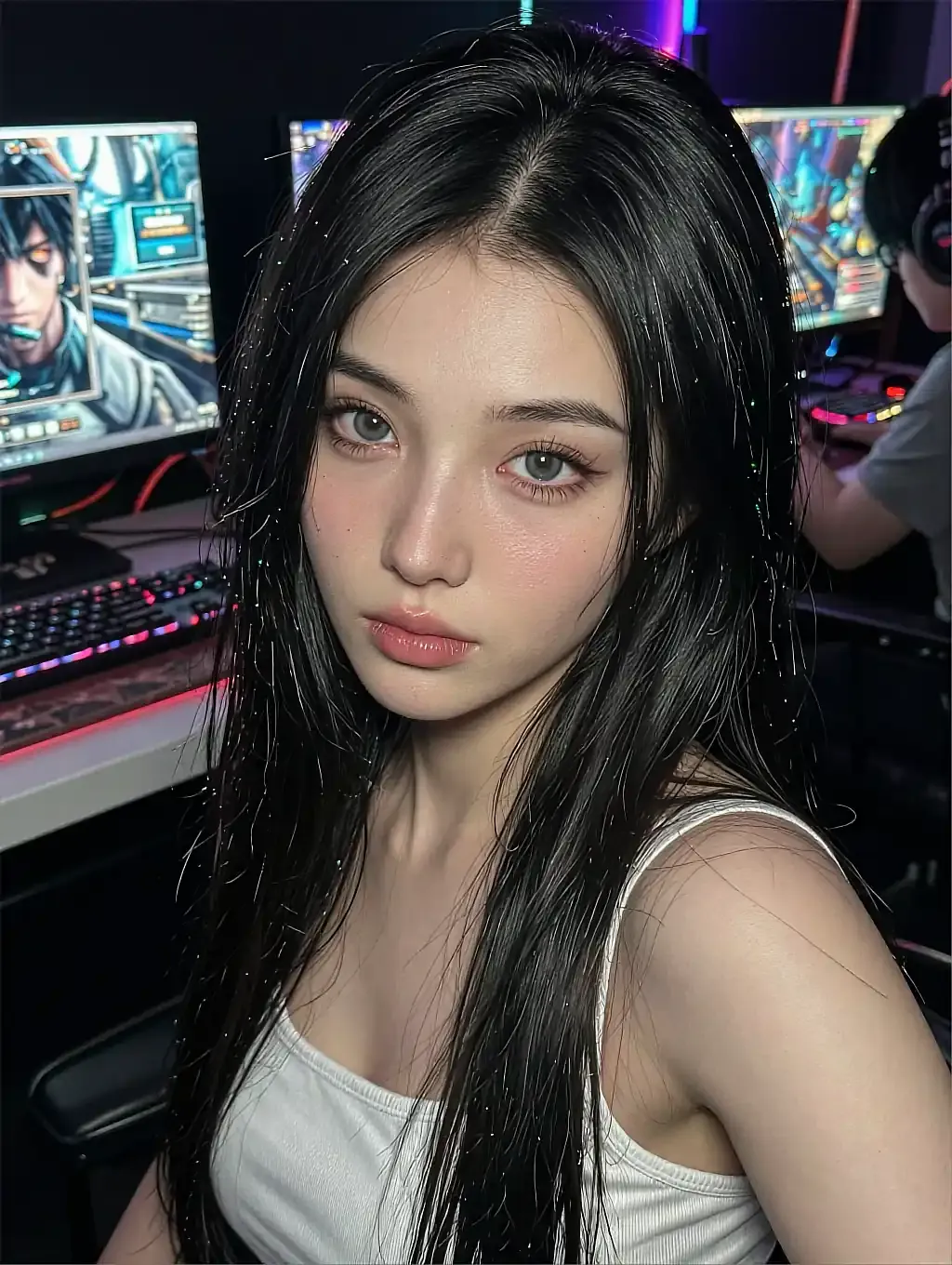 Fictional AI character featured on the fourth landing page, at night
